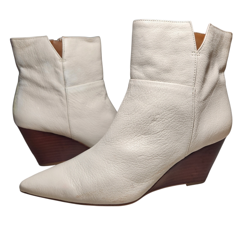 FRANCO SARTO Amsterdam Ivory Leather Ankle Wedge Booties Mod White Luxury‎ 8.5